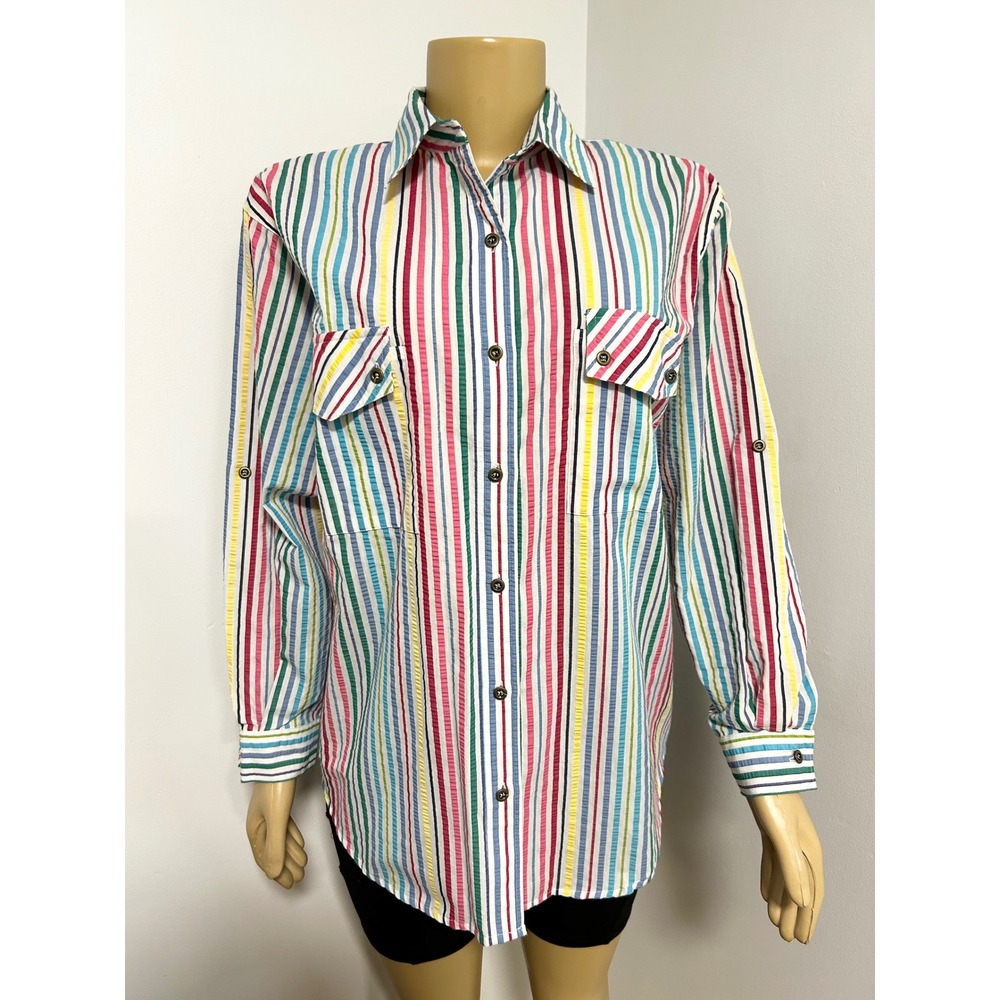 Koret City Blues Womens Multi Color Striped Button Down Shirt Seersucker Medium